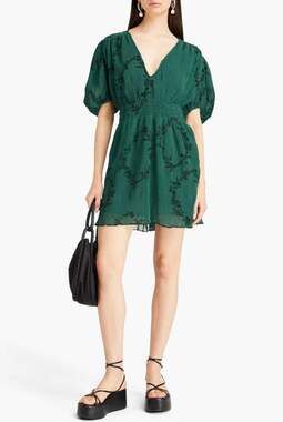 Ganni Womens Mini Dress 42 L Plissé Floral Print Green Georgette Pleated V-Neck